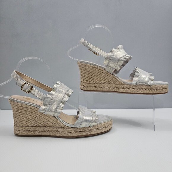 Jack Rogers Rosie Ruffle Sandal Womens 11 Metallic Platinum Wedge Espadrille - Picture 3 of 13
